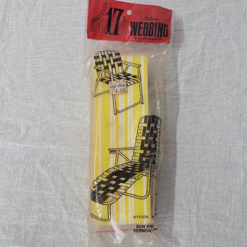 Vintage NOS Sun Products Deluxe Lawn Chair Webbing 17ft yellow  White Stripes
